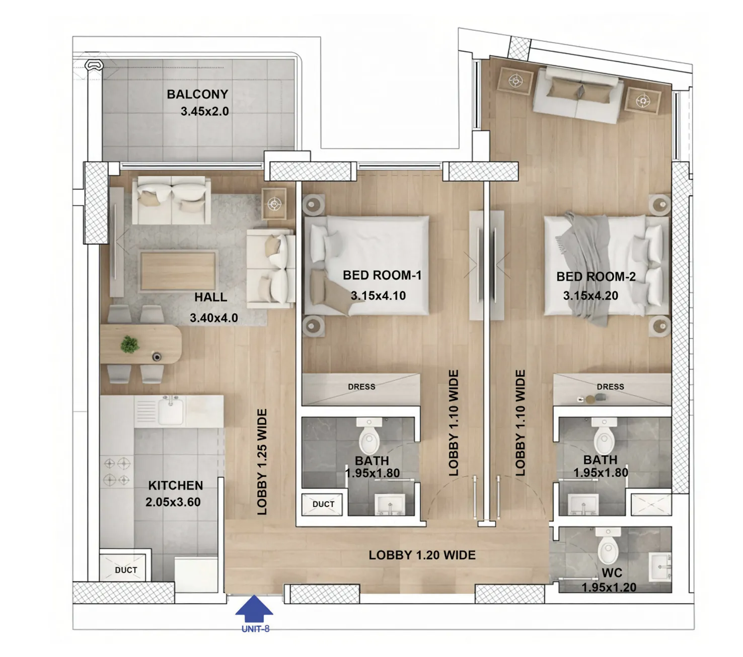 RR Grand 2 bed floor plan, 920 – 992 sqft