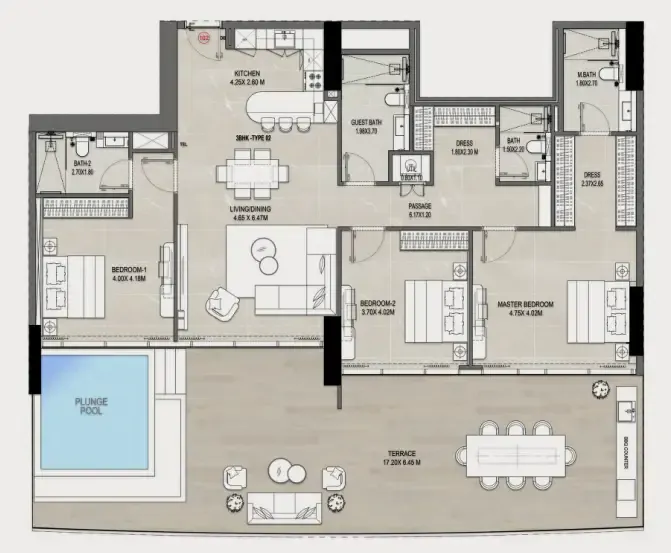 Rabdan Gates 3 bed floor plan, 2,547 sqft