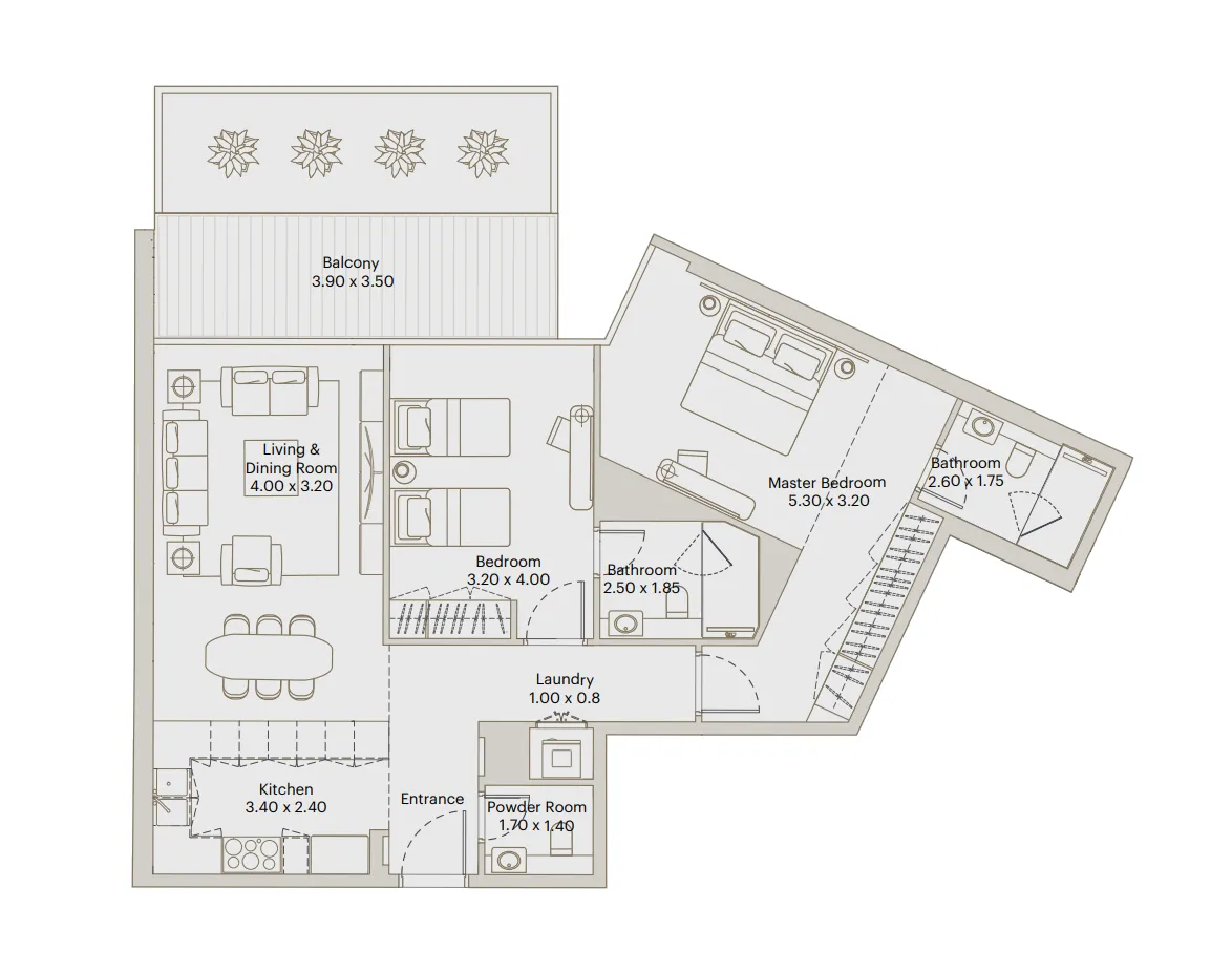 Eleve 2 bed floor plan, 1,305 – 1,306 sqft