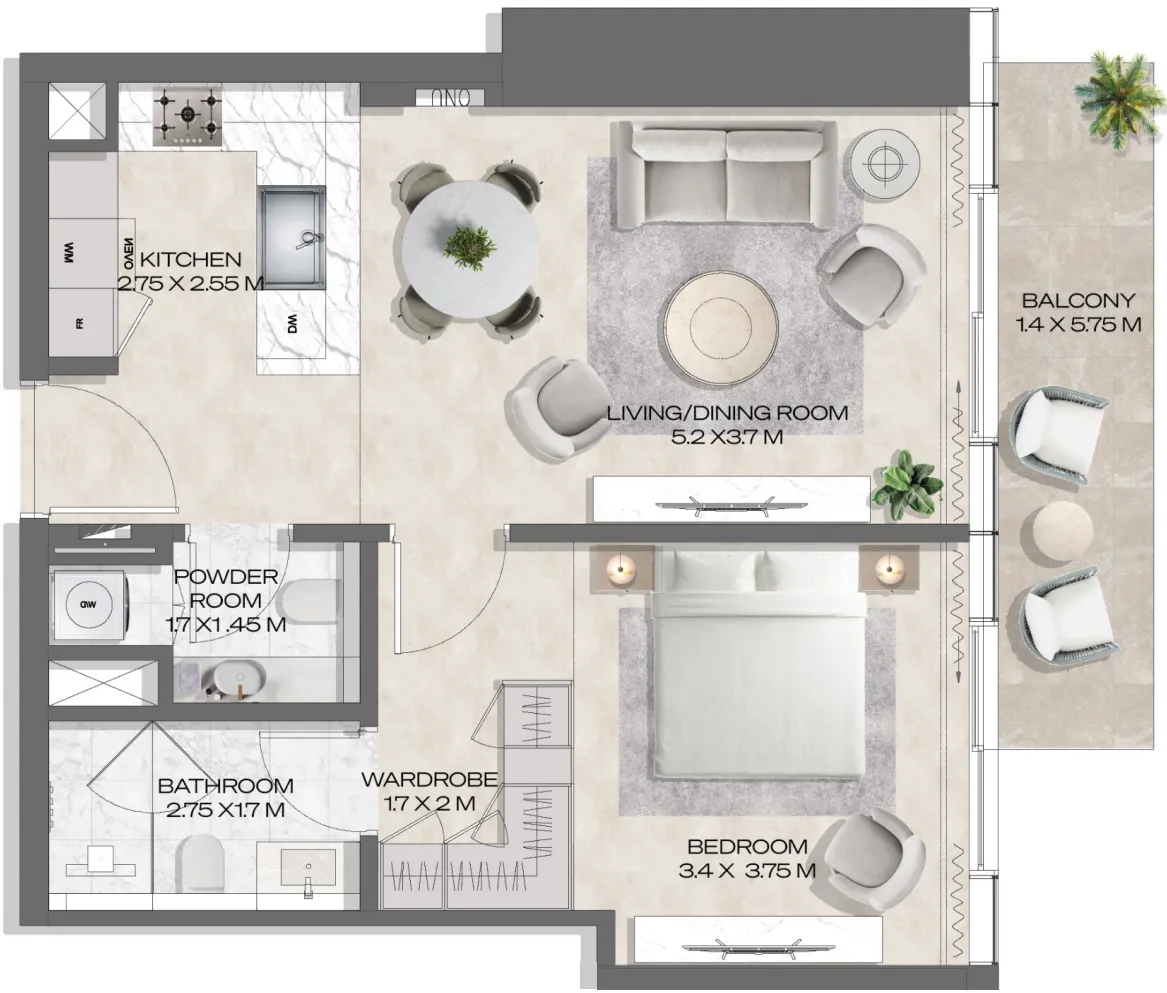 DWTN Residences 1 bed floor plan, 779 sqft