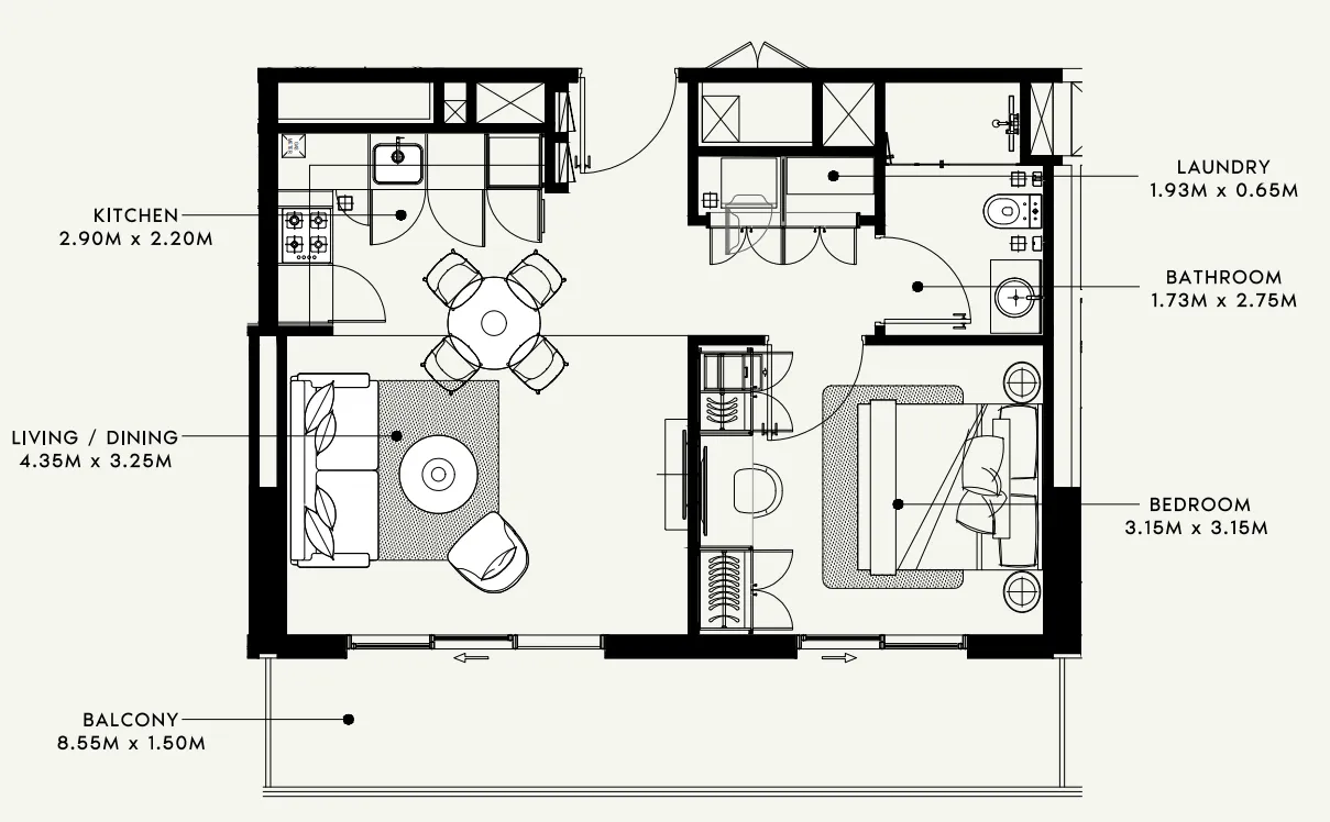 Beach Oasis 1 and 2 1 bed floor plan, 678 sqft