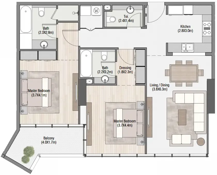 South Living 2 bed floor plan, 1,321 sqft
