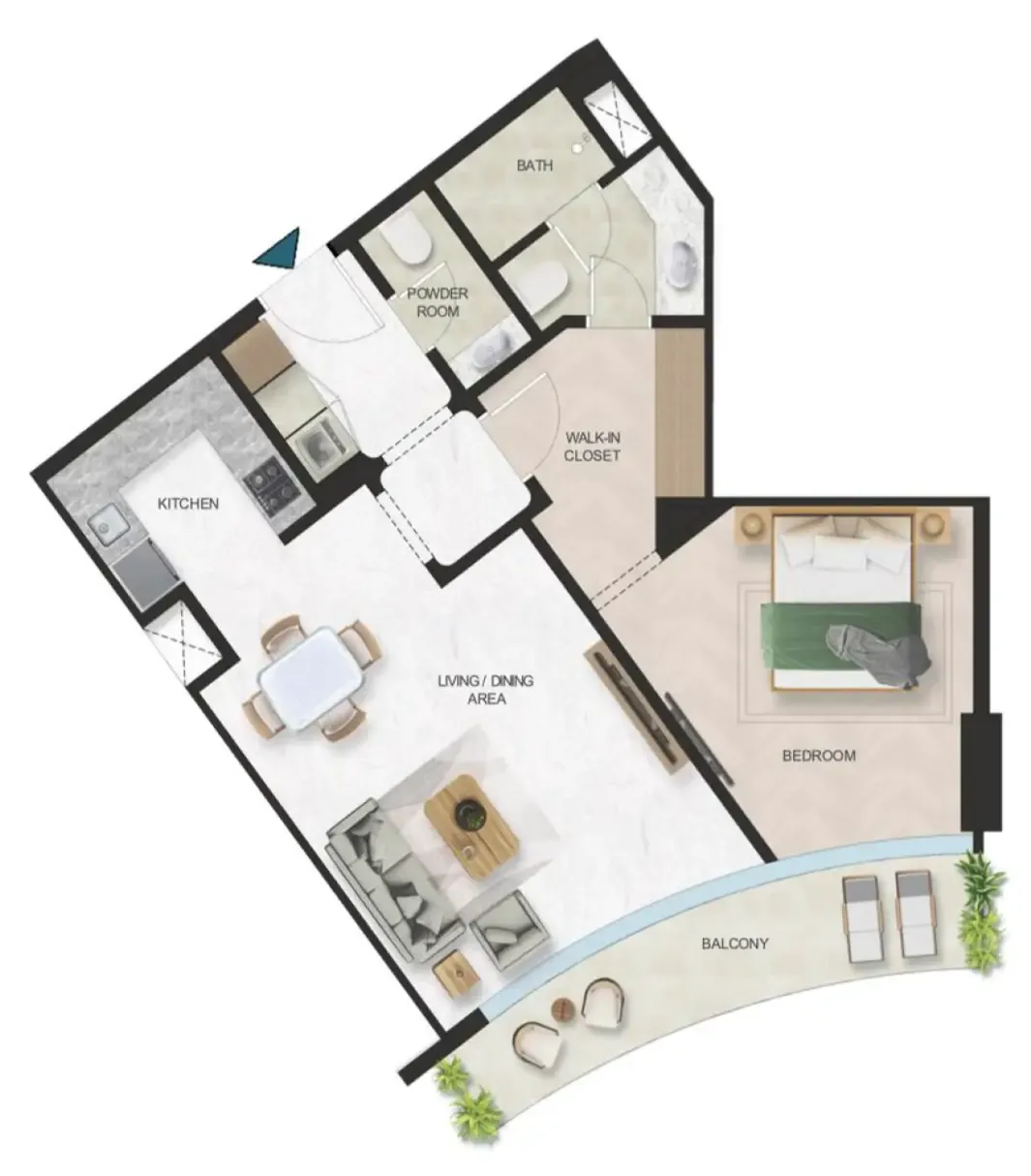 Oystra 1 bed floor plan, 873 sqft