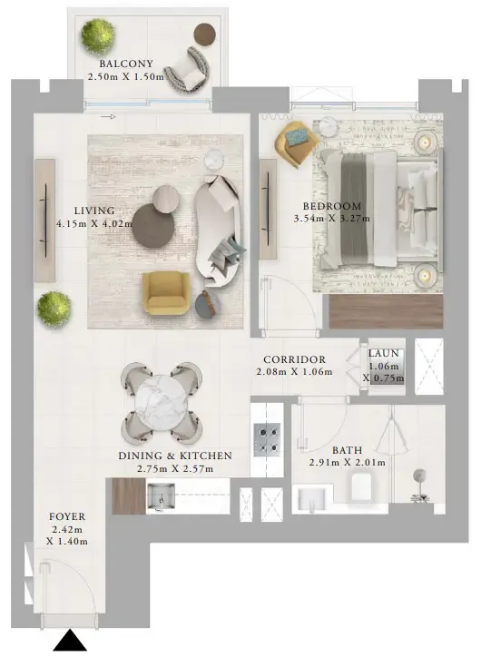 Creek Haven 1 bed floor plan, 733 sqft