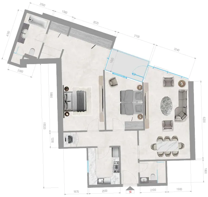 Orchid Towers Phase 1 2 bed floor plan, 1,205 sqft