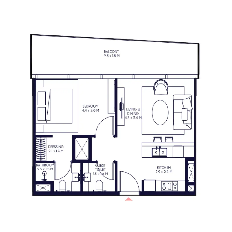 Inaura Hotels & Residences Downtown 1 bed floor plan, 715 – 780 sqft