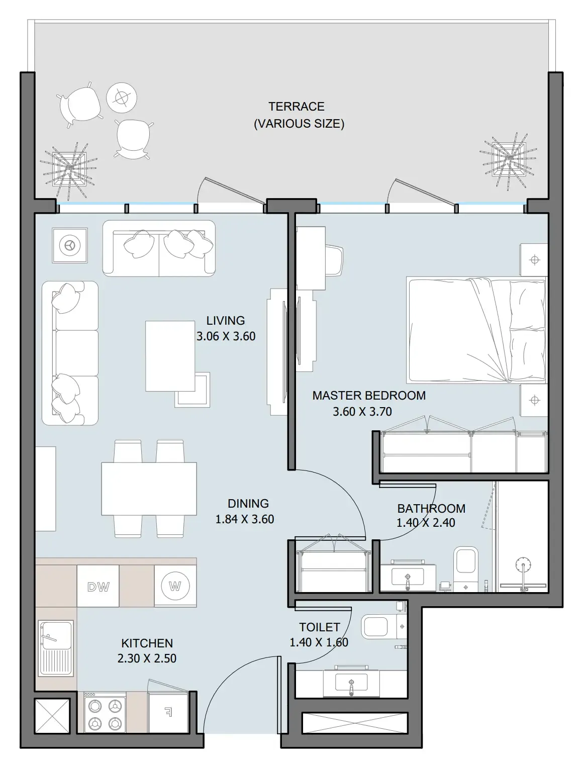 The District 1 bed floor plan, 702 – 710 sqft