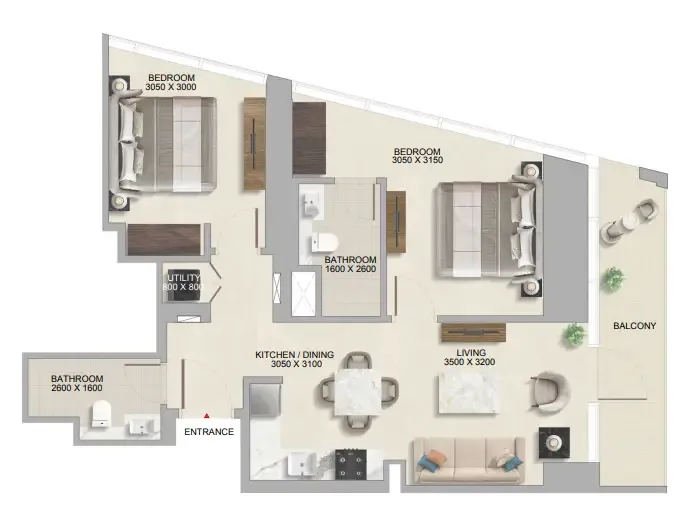 The Tranquil at Sobha Central 2 bed floor plan, 872 sqft