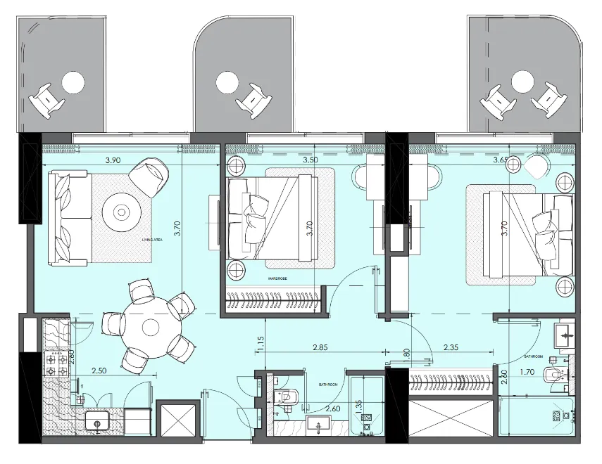 Azizi Wasel 2 bed floor plan, 981 sqft