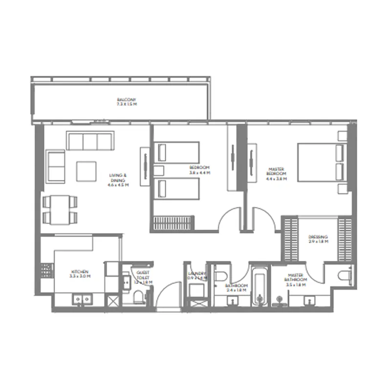 The Gate 6 2 bed floor plan, 1,226 – 1,241 sqft