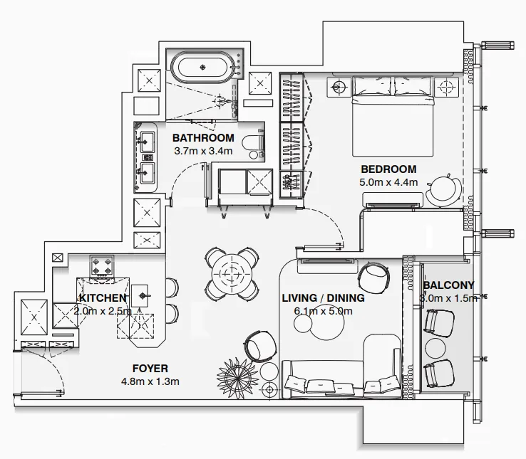 Burj Azizi 1 bed floor plan, 907 sqft