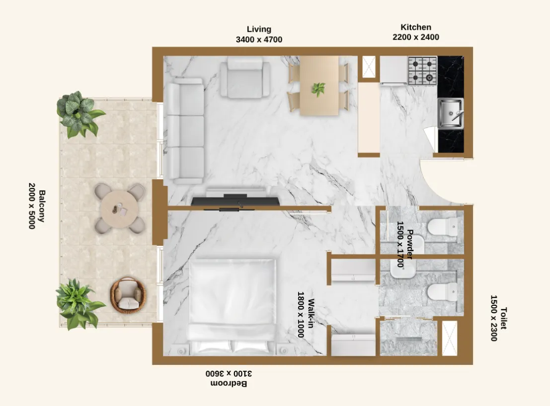RR Residence 1 bed floor plan, 649 sqft