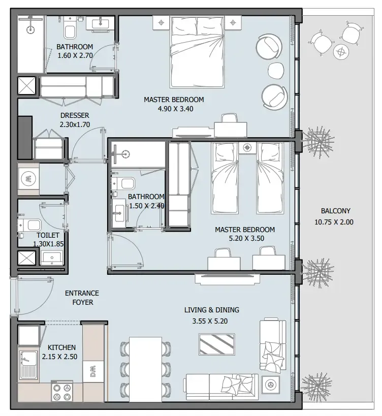 Oceana 2 bed floor plan, 1,170 sqft