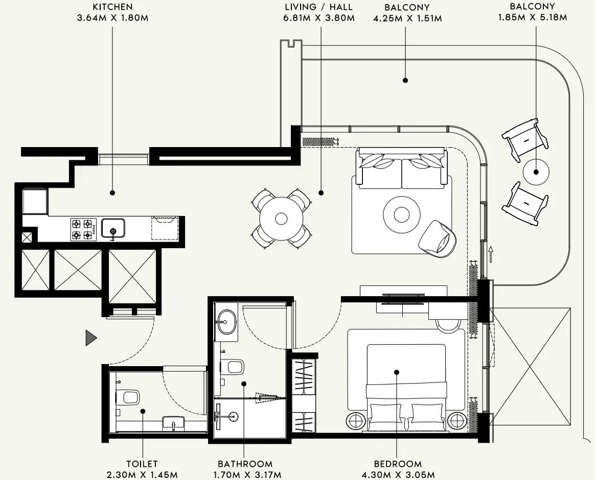 Azizi Venice 1 bed floor plan, 876 sqft