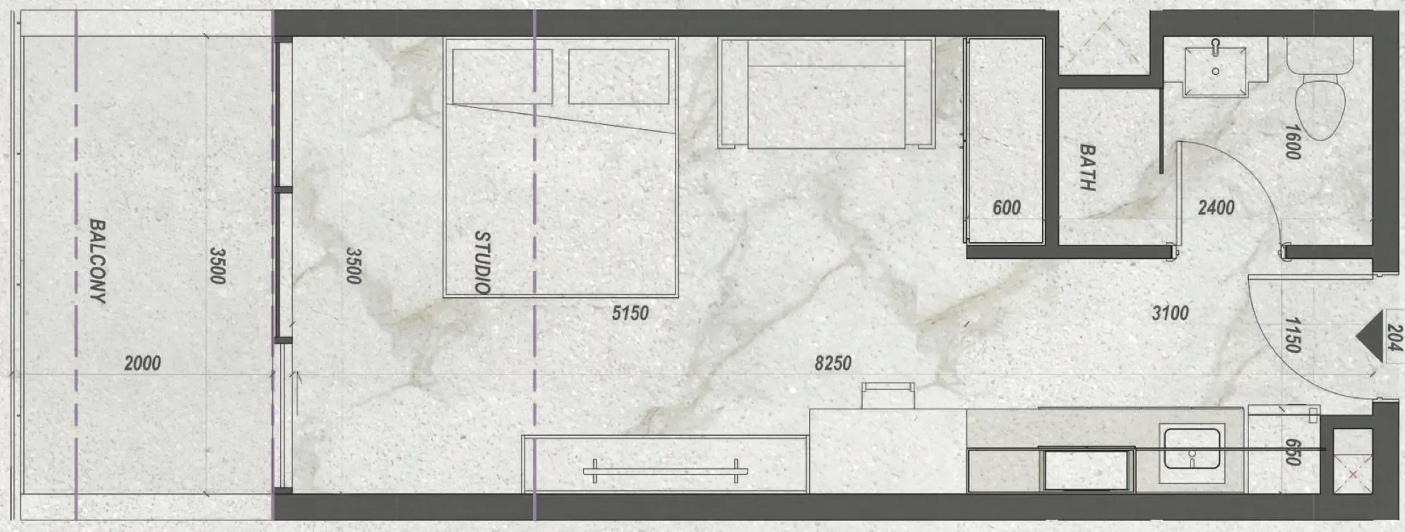 Zyra Hills Studio floor plan, 409 sqft