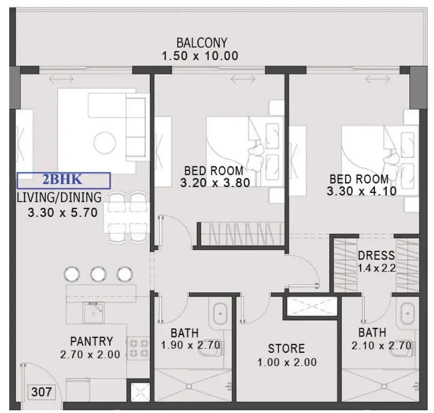One By Preston 2 bed floor plan, 1,060 sqft