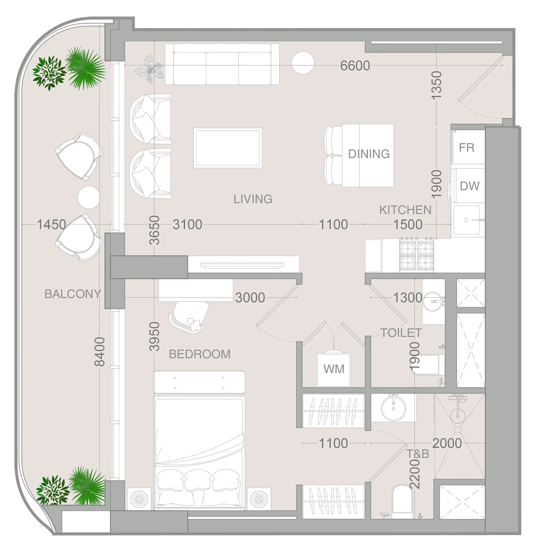 ALTA V1EW 1 bed floor plan, 735 sqft