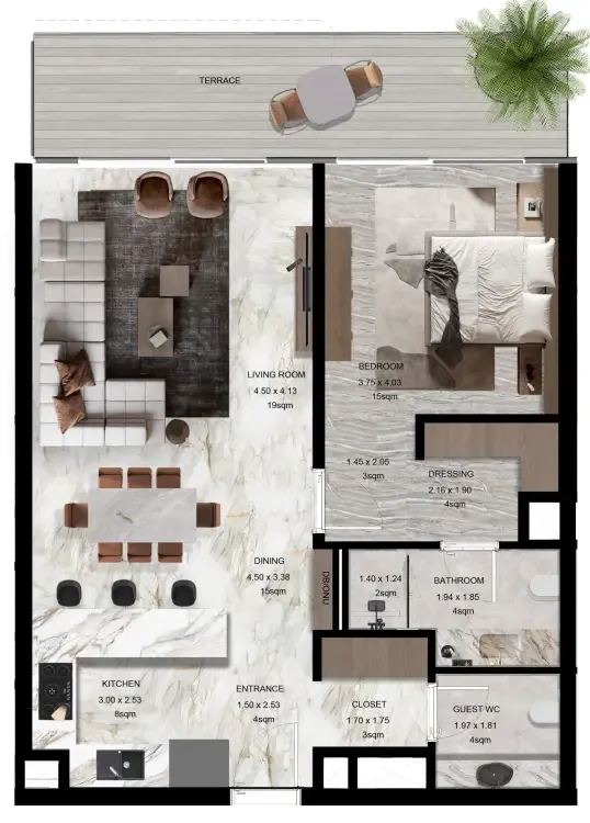 Jacob and Co Beachfront Living 1 bed floor plan, 1,055 – 1,119 sqft
