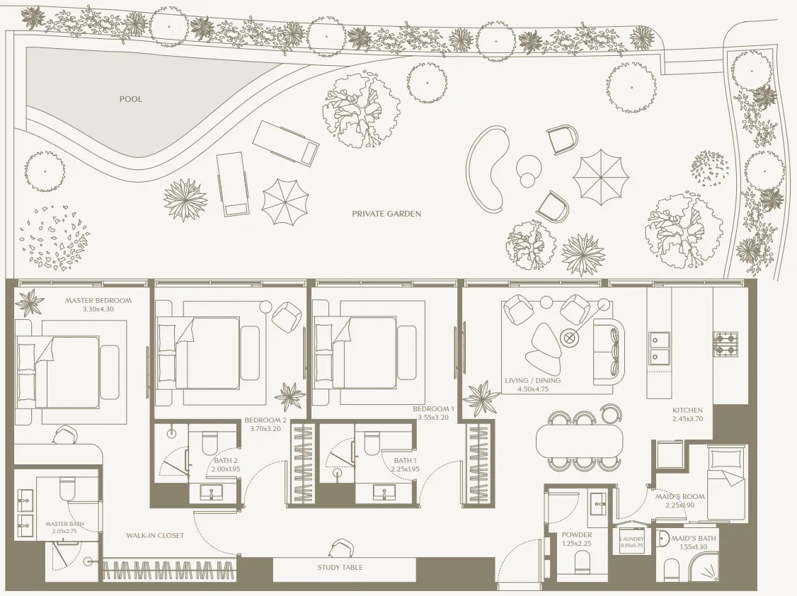 AYA Beachfront Residences 3 bed floor plan, 2,359 – 2,475 sqft