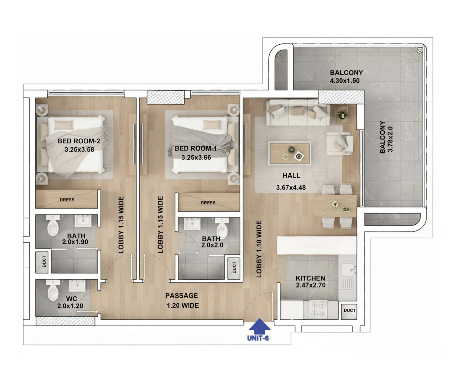 RR Grand 2 bed floor plan, 1,045 sqft