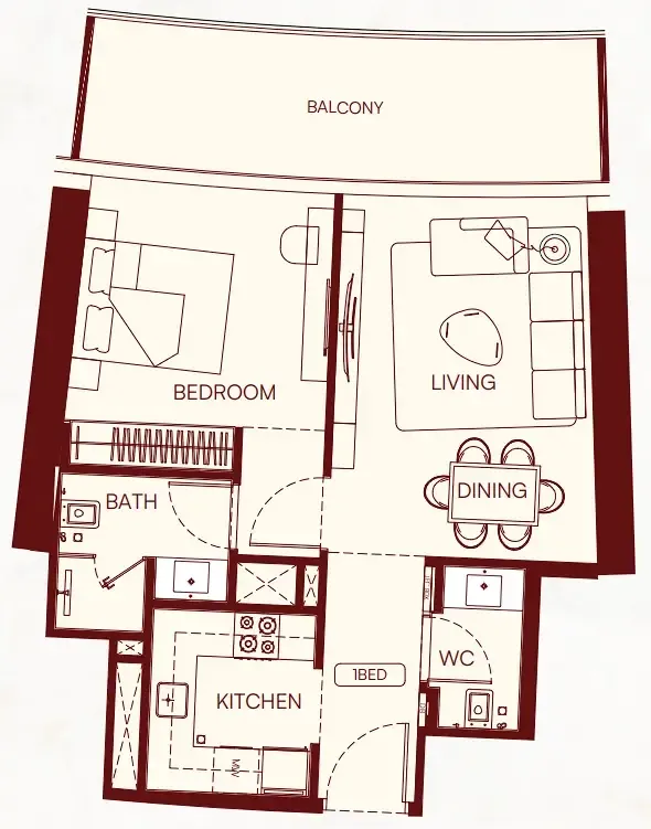 Binghatti Skyflame 1 bed floor plan, 724 sqft