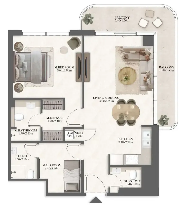 Rotana Residences South Tower 1 bed floor plan, 950 sqft