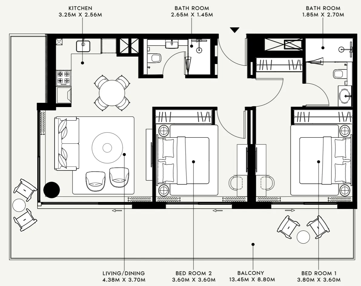 Azizi Venice 2 bed floor plan, 1,230 sqft