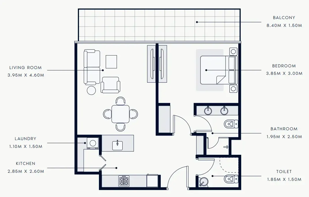 Riviera Rêve 1 bed floor plan, 795 sqft