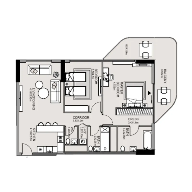 Edgewater Residences 1, 2 and 3 2 bed floor plan, 1,310 sqft