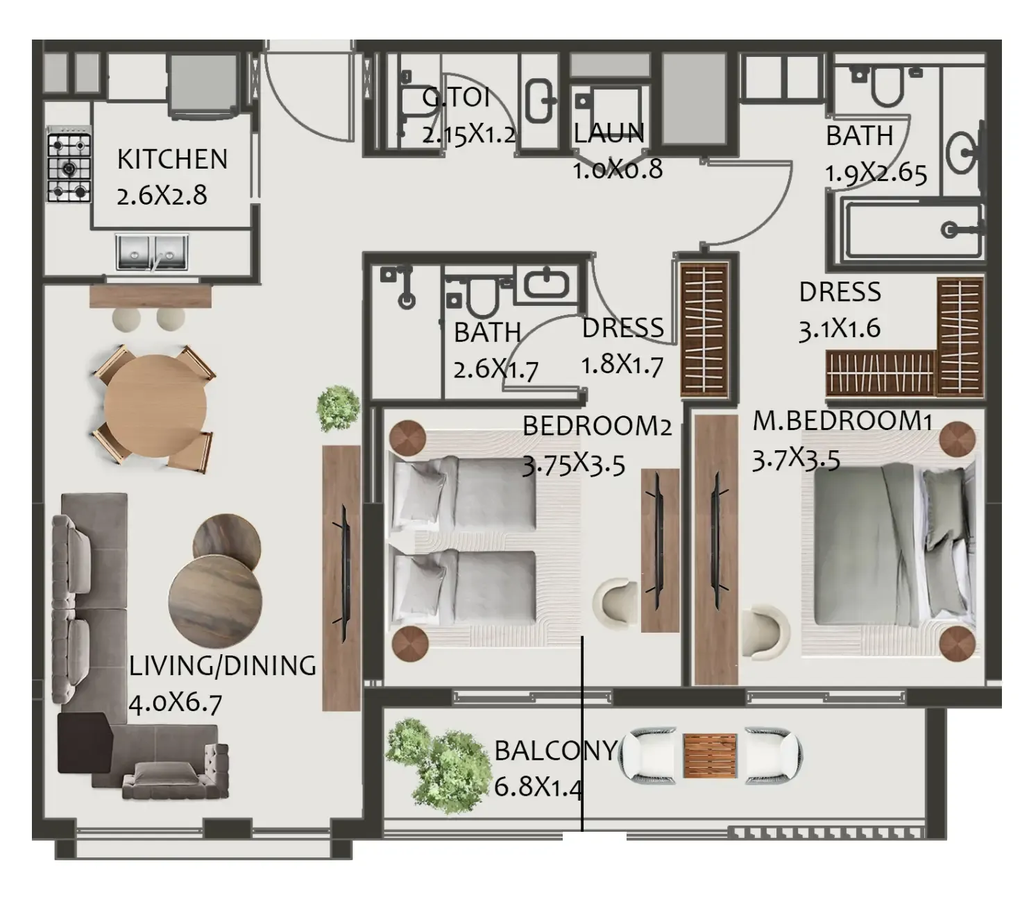 Hillside Residences 2 bed floor plan, 1,244 sqft