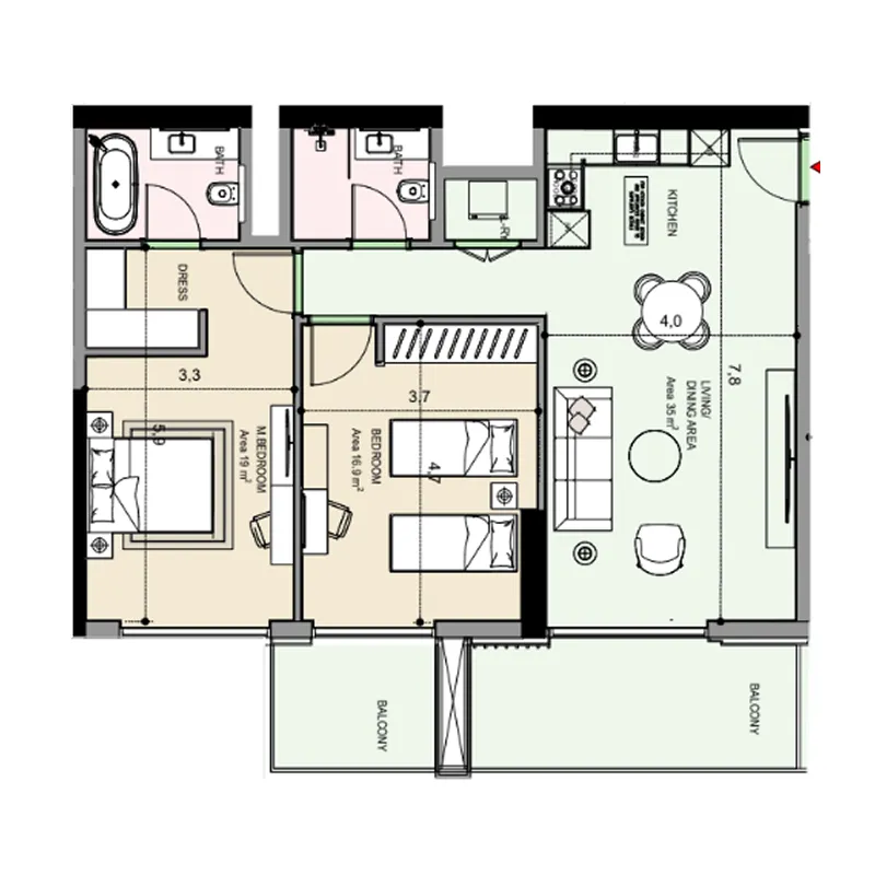 Edgewater Residences 1, 2 and 3 2 bed floor plan, 1,176 sqft