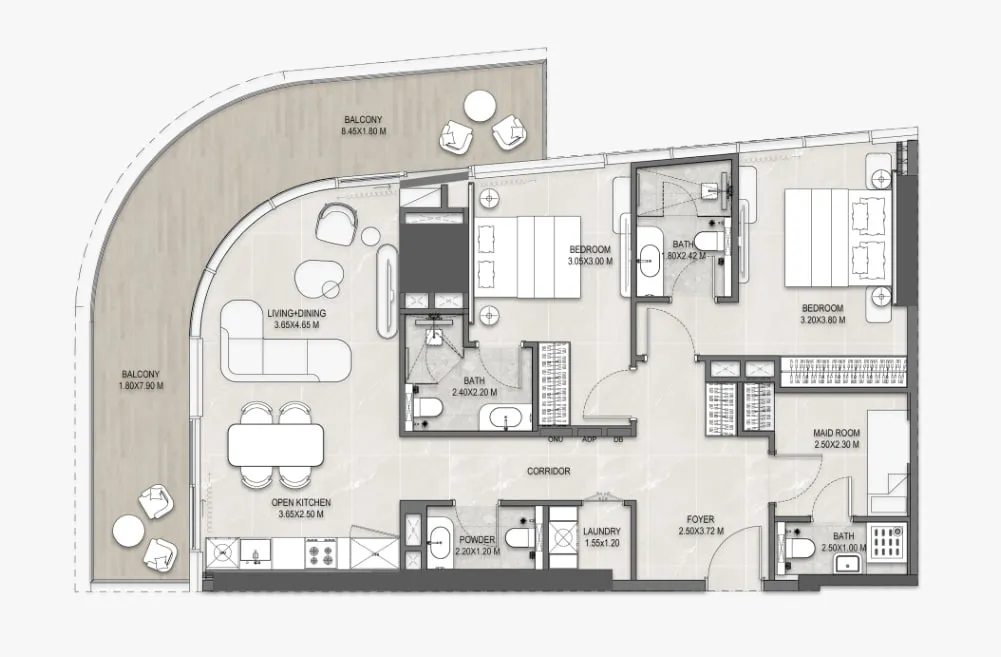 The Artery Residences 2 bed floor plan, 1,364 – 1,367 sqft