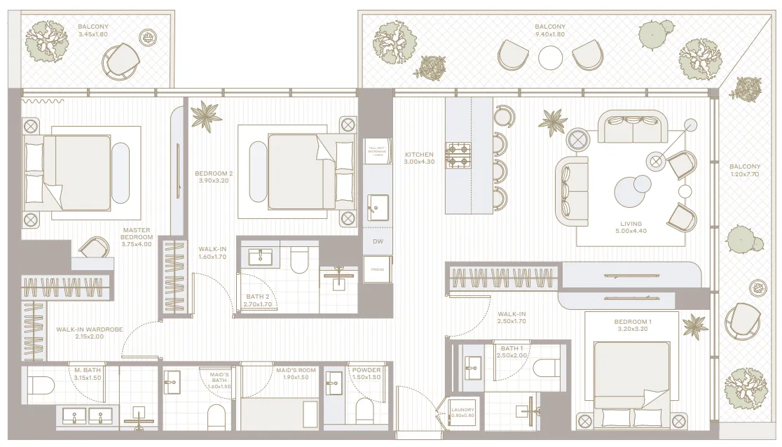 Park Five 3 bed floor plan, 1,665 sqft