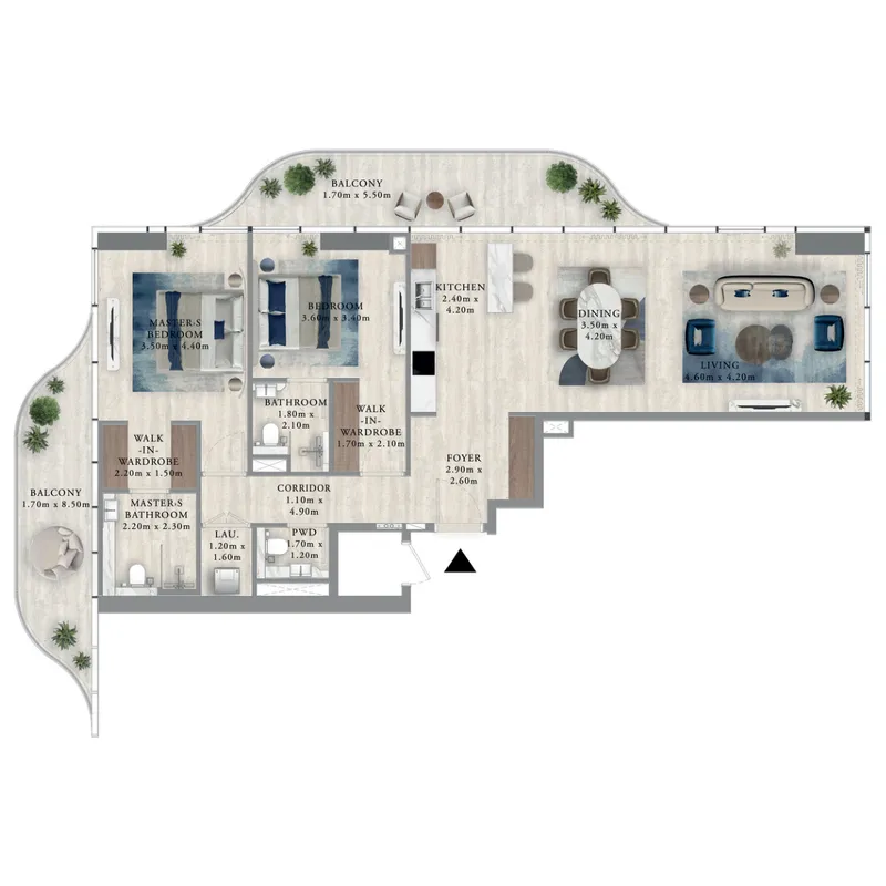 Royal Yacht Club Residence 2 bed floor plan, 1,543 sqft