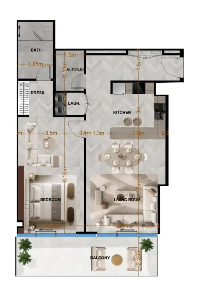 Radiant Terrace 1 bed floor plan, 1,023 sqft