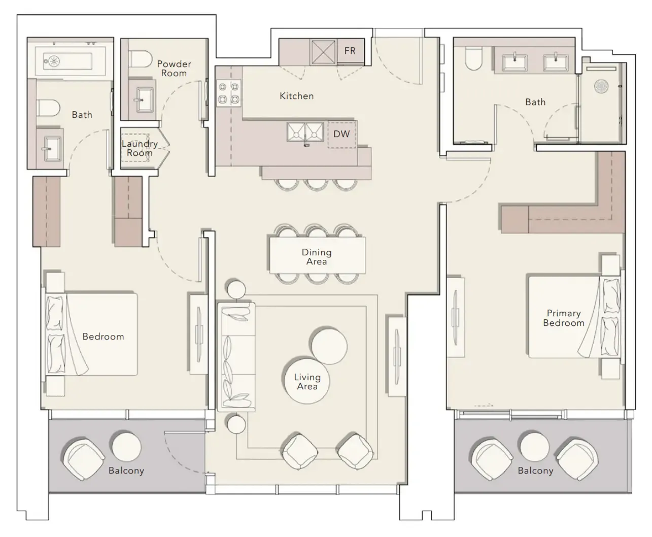 One River Point 2 bed floor plan, 1,447 sqft