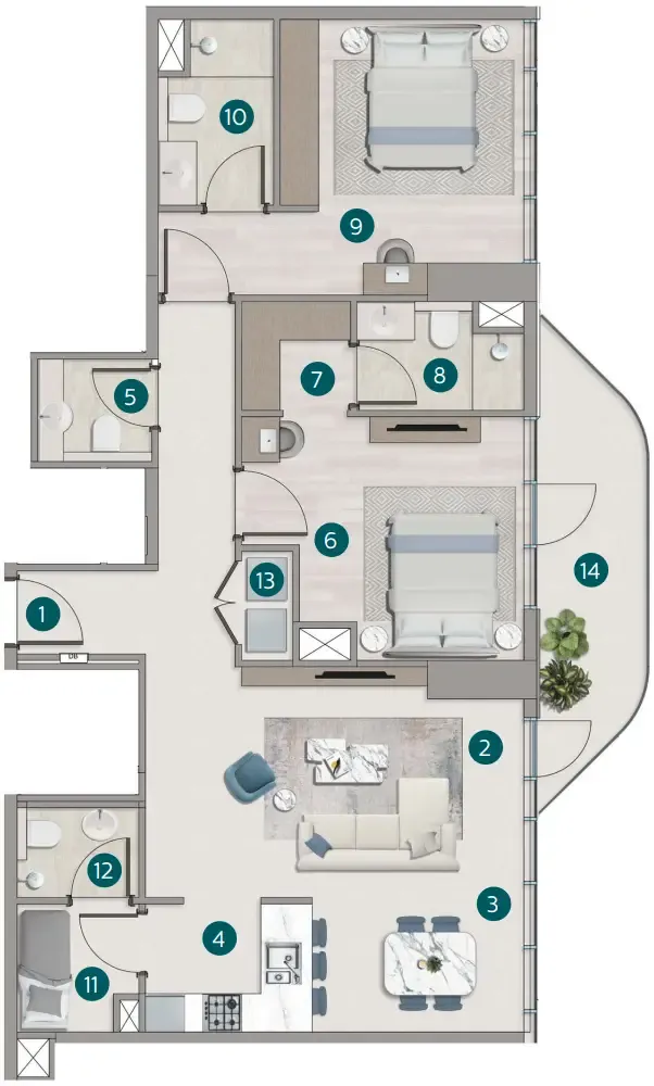 Flora Shore Beachside Residences 2 bed floor plan, 1,288 – 1,362 sqft