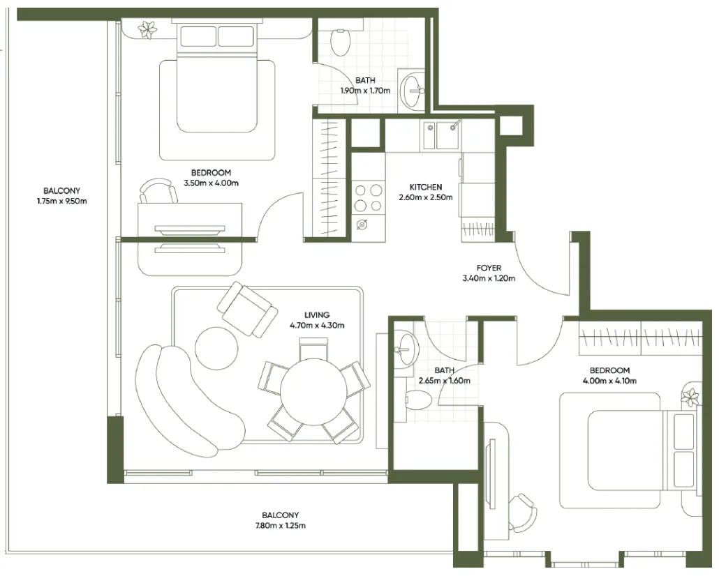 Olivia Gardens 2 bed floor plan, 1,064 sqft