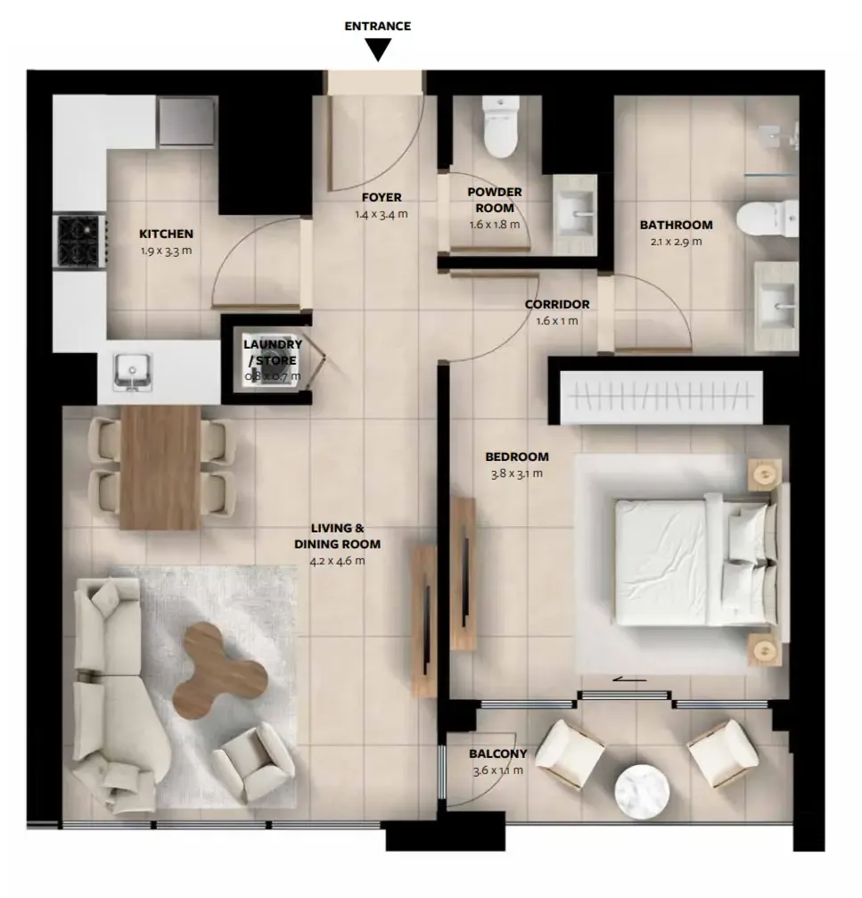 Waada Dubai South 1 bed floor plan, 745 – 749 sqft