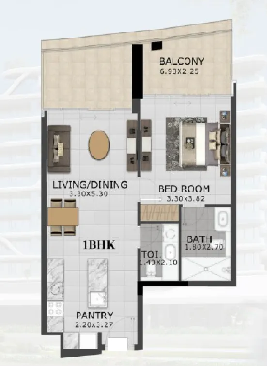 48 Parkside 1 bed floor plan, 802 sqft