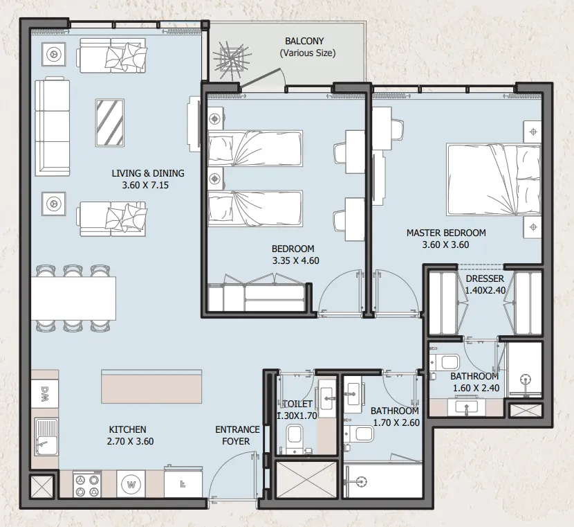 Verdana Empire 2 bed floor plan, 1,070 – 1,310 sqft