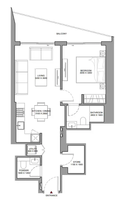 The Serene at Sobha Central 1 bed floor plan, 731 sqft