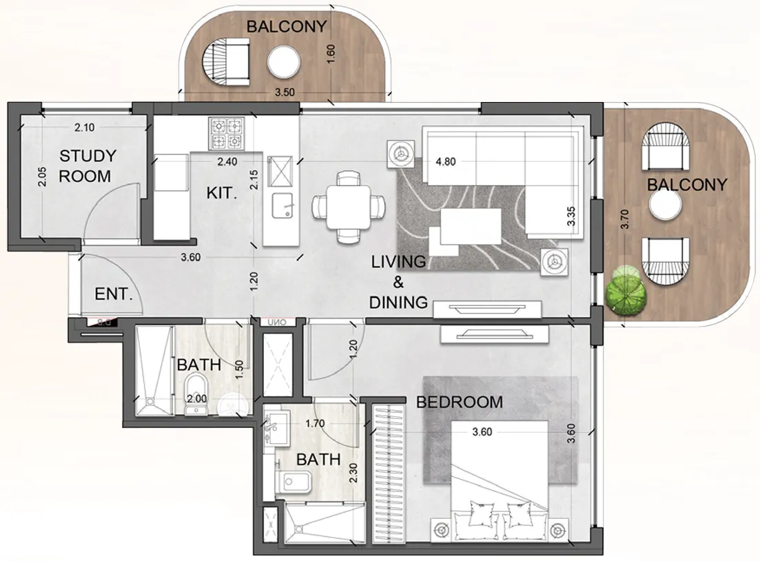 Future Avenue 1 bed floor plan, 748 sqft