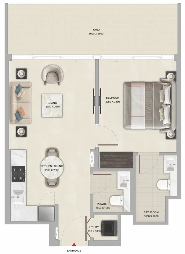 Tranquil Beach Residences 1 bed floor plan, 653 sqft