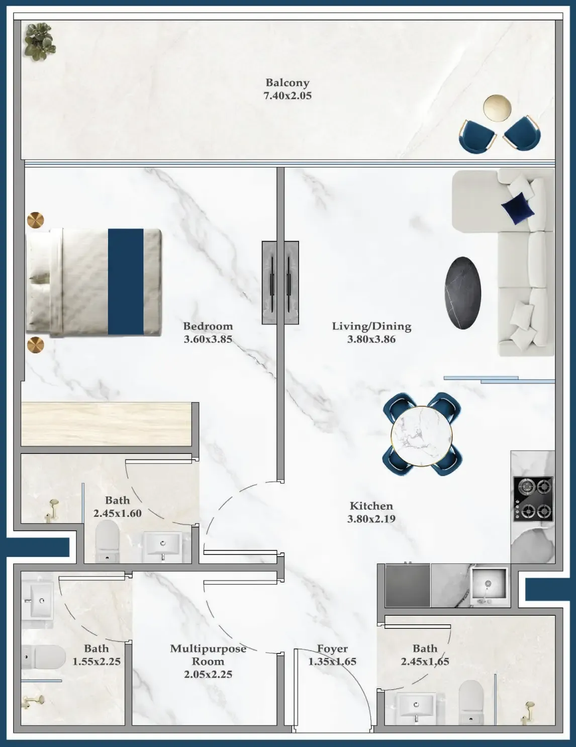 Serenz 1 bed floor plan, 759 sqft