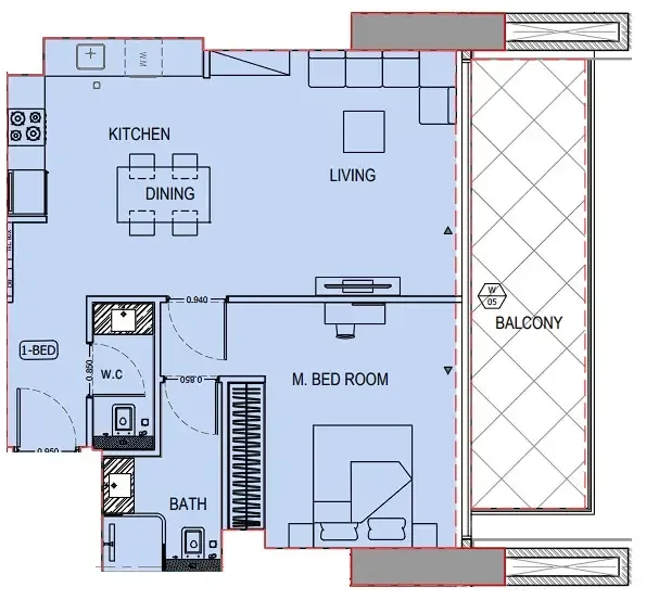 Binghatti Apex 1 bed floor plan, 834 sqft