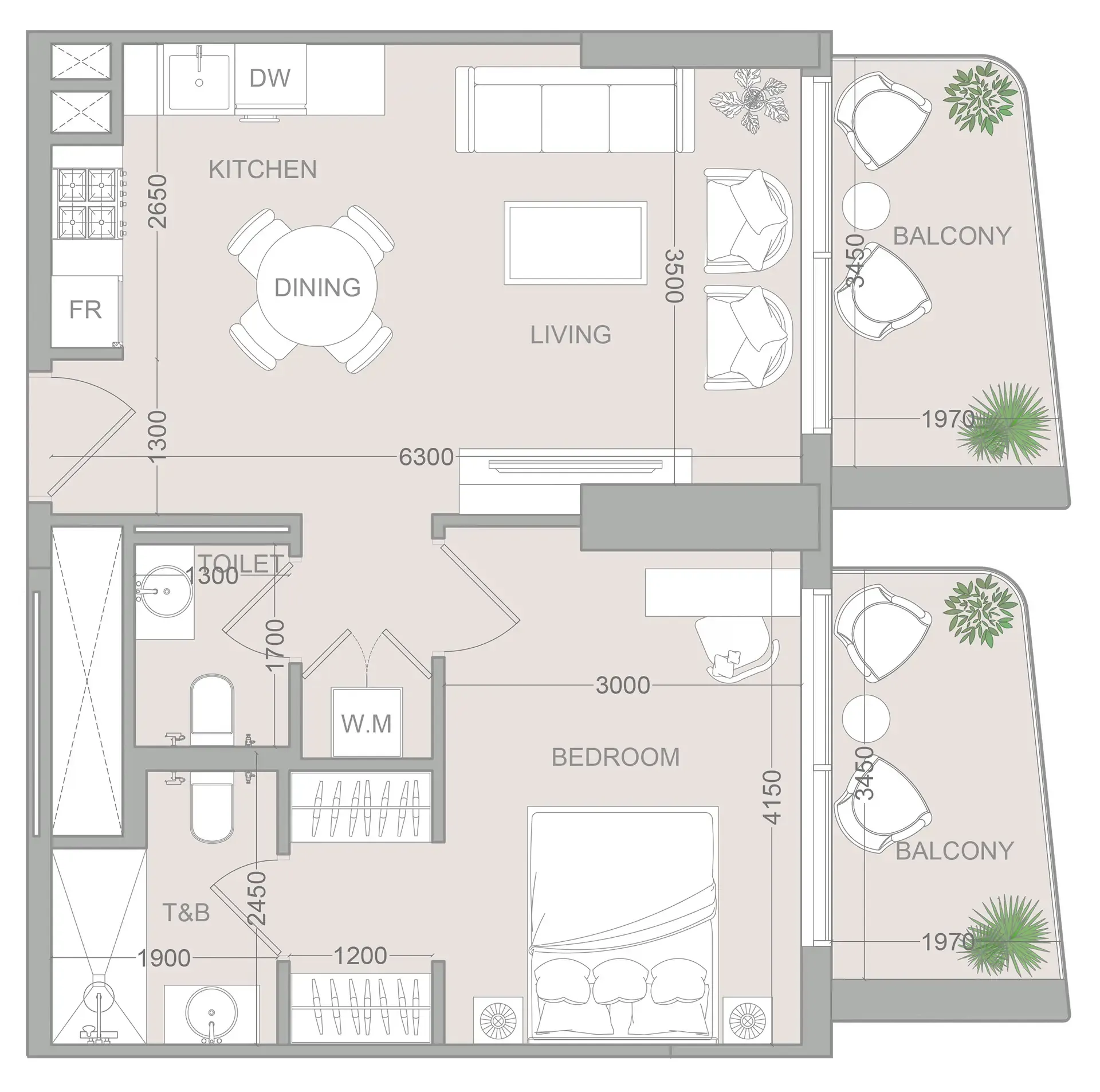 ELAR1S Sky 1 bed floor plan, 718 – 721 sqft