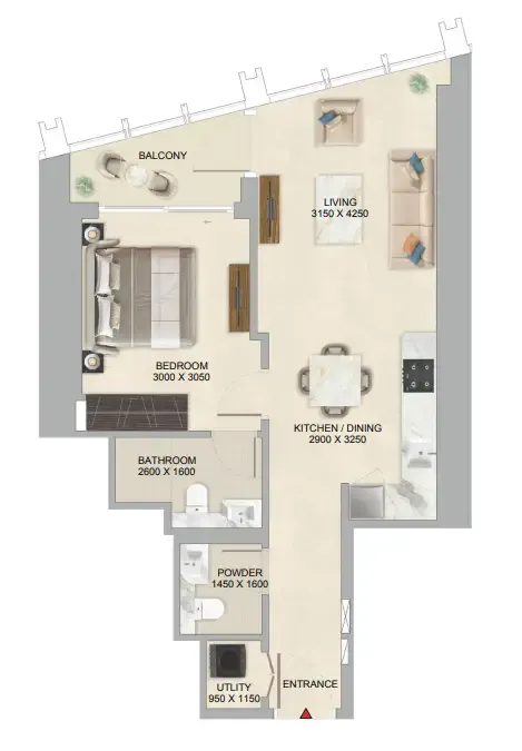 The Mirage at Sobha Central 1 bed floor plan, 648 sqft