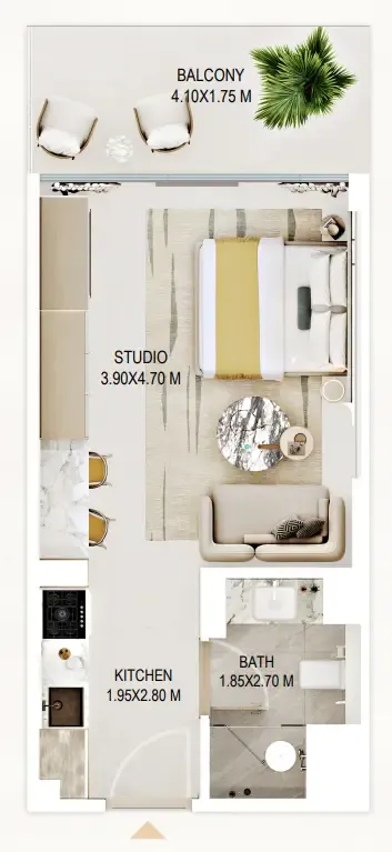Rabdan Gardens Studio floor plan, 405 sqft