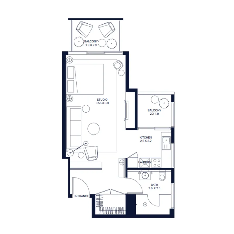 The Atria Studio floor plan, 673 sqft